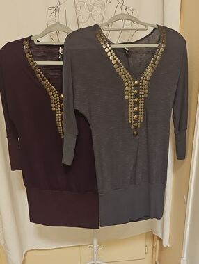 2 Women's Stud-Accent V-Neck Tunic Top - Gray & Purple